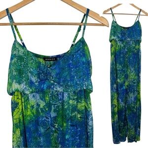 Vintage 90s Sheer Maxi Dress Sz L Green Blue Beachy Boho Sexy JLO Swim Cover EUC